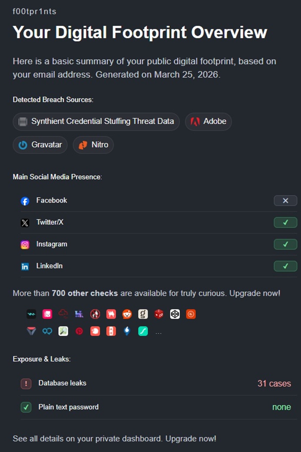 Sample digital footprint report preview showing public profile findings, visible traces, risk highlights, and recommended next steps in a structured layout